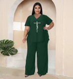 Plus Size Solid Printed V-Neck Short Sleeve Side Lace-Up Two-Piece Set