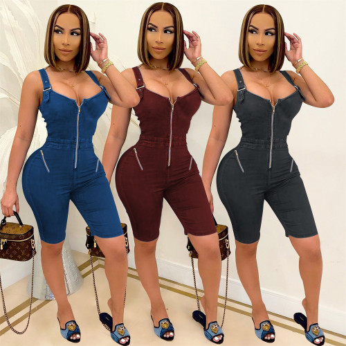 Solid Color Suspender Sling Zipper Sleeveless Rompers