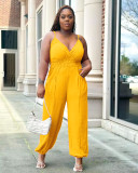 Sexy Solid Patchwork Spaghetti Strap Plus Size Jumpsuits with Pockets