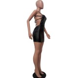 Solid Color PU Leather Strap Sexy Bodycon Mini Dresses
