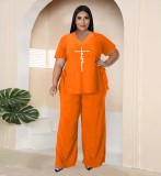 Plus Size Solid Printed V-Neck Short Sleeve Side Lace-Up Two-Piece Set
