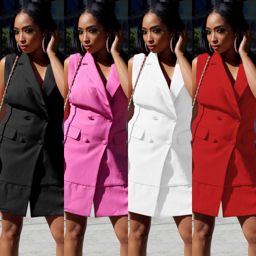 Solid Color Sleeveless Buttons Blazer Dresses
