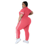 Fashion Plus Size Women's Solid Color Printed Letter Zipper Sports Two-piece Set with Pockets