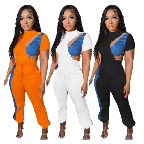 Casual Solid Color Stitching Denim Two Piece Pant Set