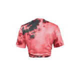 Casual Fashion Print Tassel Slit Short Sleeve Shirt Top