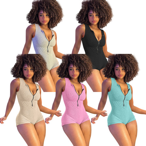 Solid Color Pit Zipper Sleeveless Straight One-piece Rompers