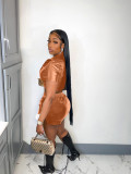 Solid Deep Pocket Turndown Neck Slit PU Leather Shorts Set