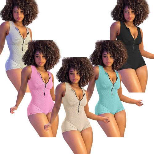 Solid Color Pit Zipper Sleeveless Straight One-piece Rompers