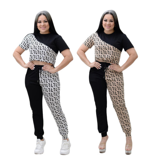 Summer Fashion Ladies Printed Short Sleeve Tops Pants Set