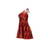 Women Round Buckle Halter Neck Backless A-line Dress Vintage Pattern Print Bohemian Dress