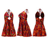 Women Round Buckle Halter Neck Backless A-line Dress Vintage Pattern Print Bohemian Dress