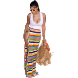 Sexy Color Block Fringe Hem Crochet Cover Up Skirt