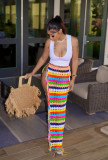 Sexy Color Block Fringe Hem Crochet Cover Up Skirt