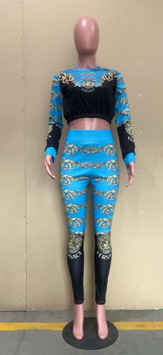 Fashion Printed Letter Crop Top Trousers Two Piece Pant Set