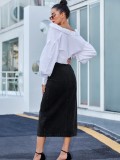 Women's Casual High Waisted Solid Rivet Button Up Denim Jean Skirt