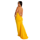 Sexy Solid Backless V Neck Long Dresses