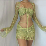 Sequins Knitted Sweater Hollow Out Long Sleeve Shawl Crop Top And Bodycon Skirt Three Piece Set