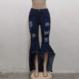 Fashion Stitching Ripped Jeans Washed Denim Slim Flared Pants