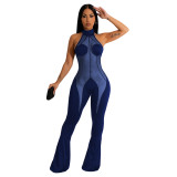 Solid Color Mesh Splicing Sexy See Through Halter Backless Wide-leg Jumpsuit