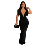 Sexy Solid Backless V Neck Long Dresses