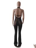 Solid Color Mesh Splicing Sexy See Through Halter Backless Wide-leg Jumpsuit
