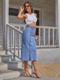 Women's Casual High Waisted Solid Rivet Button Up Denim Jean Skirt