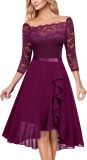 Off Shoulder Floral Lace Front Split Three Quarter Sleeves Bridesmaid Party Dress
