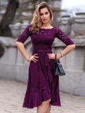 Off Shoulder Floral Lace Front Split Three Quarter Sleeves Bridesmaid Party Dress