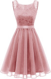 Solid Color Sleeveless V Neck Bridesmaid Dresses Retro Swing Lace Chiffon Midi Dress