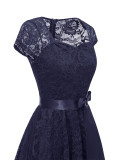 Women's Floral Lace Short Sleeve Bridesmaid Party Dress A-Line Cocktail Swing Dress