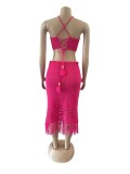 Casual Tassel Fishnet Knit Casual Halter Two Piece Set