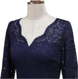 Casual Vintage V-neck 3/4 Sleeve Lace Chiffon Midi Dresses