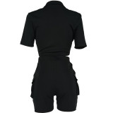 Womens Fashion Two-piece Set Printed Cargo Shirt Top & Shorts Tied Front Pockets Suit