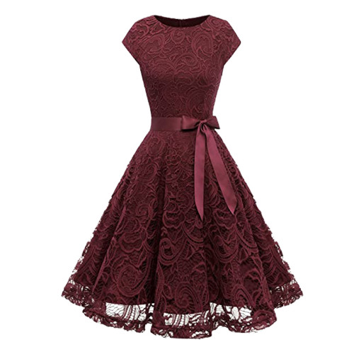 Summer Bridesmaid Round Neck Lace Swing Dresses