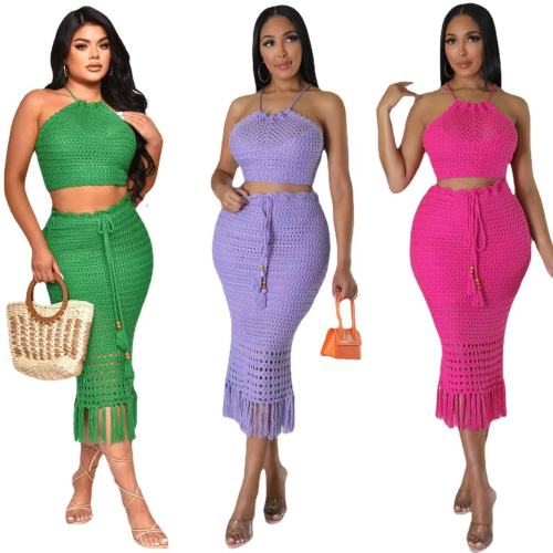 Casual Tassel Fishnet Knit Casual Halter Two Piece Set
