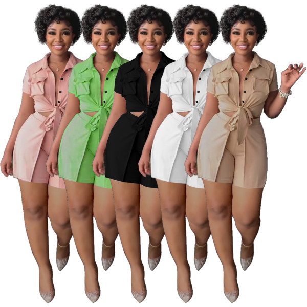 Women's Pocket Fashion Short Sleeve Solid Color Two Piece Short Set