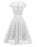 Women's Floral Lace Short Sleeve Bridesmaid Party Dress A-Line Cocktail Swing Dress