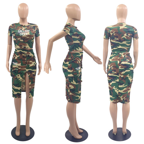 Streetwear Trend Camouflage Printed Crop Top & Slit Skirt