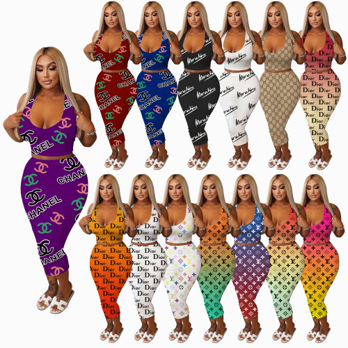 Casual Printed Letter Sleeveless Vest Mid Skirt Two Pieces
