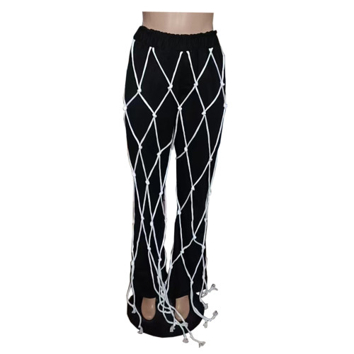 Black Rope Decoration Flared Trousers with Pockets