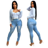 Distressed Skinny Jeans Light Blue with Lace Up Sides