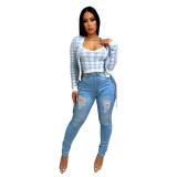 Distressed Skinny Jeans Light Blue with Lace Up Sides