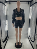 Fashion Leather Long Sleeve Shorts Set 2 Piece For Women