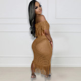 Sexy Perspective Knitted Hook Tassel Off Shoulder Beach Suit