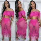 Sexy Perspective Knitted Hook Tassel Off Shoulder Beach Suit
