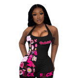 Streetwear Sexy Hot Tight High Elastic Fashion Printed Halter Neck Shorts Rompers