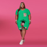 Plus Size Fashion Print Sexy V Neck Leopard Print Midi Dress with Pocket