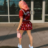 Fashion Printed Baseball Uniform Trendy Jacket Pleated Skirt Two Piece Set
