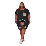 Plus Size Fashion Print Sexy V Neck Leopard Print Midi Dress with Pocket