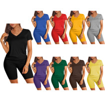 Fashion Solid Color V Neck Short Sleeve Shorts Set